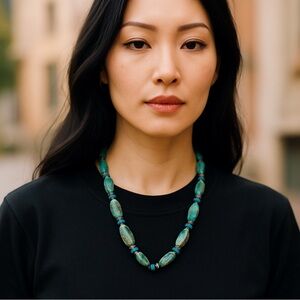 Sterling Silver 925 Green Jasper & Turquoise Beaded Necklace